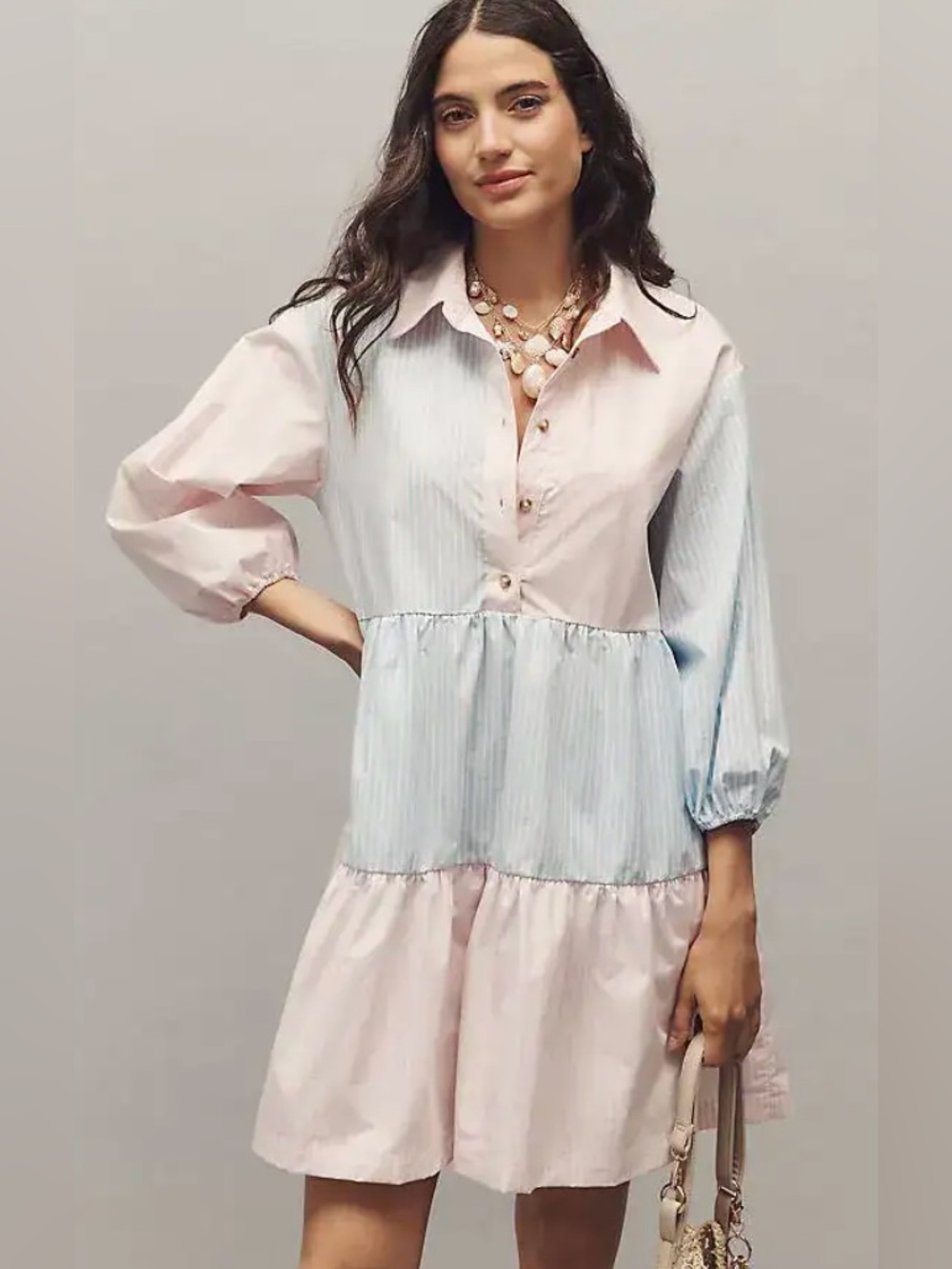 Anthropologie Bettina Striped Tiered Mini Shirt Dress in Blue & Pink Stripe - Picture 1 of 4